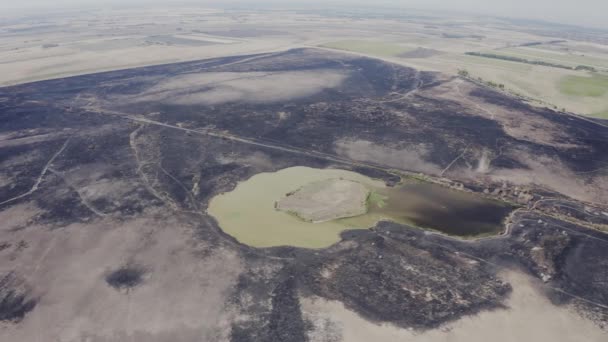 Aerial Photography Burning Scorched Dry Fields Hortobagy National Park Венгрия — стоковое видео