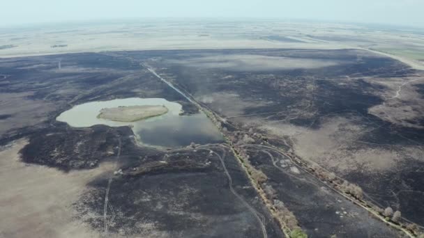 燃焼と焦がれた乾燥フィールドの空中写真 Hortobagy国立公園 ハンガリー — ストック動画
