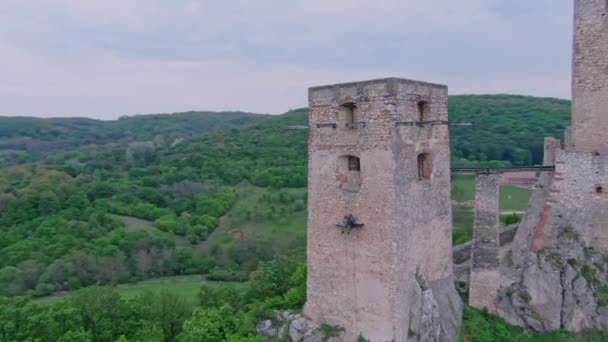 Csesznek Hungary Drone Old Fortress Hill Aerial Shot — Stock Video