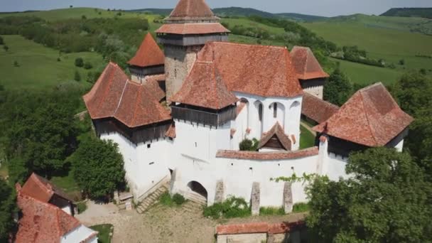 Opevněný Kostel Pevnost Viscri Transylvánii Rumunsko Evropa Letecký Pohled — Stock video