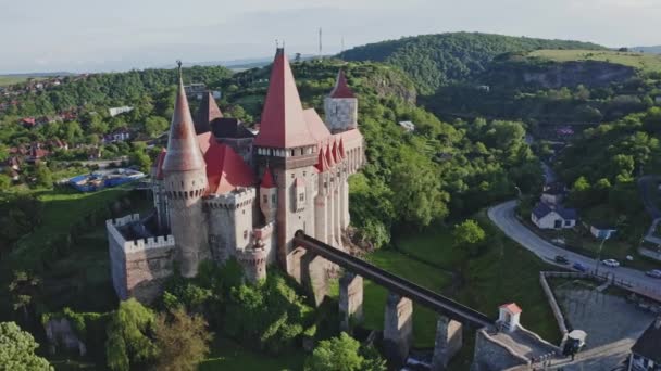 Vista Aérea Del Castillo Vajdahunyad Transilvania — Vídeos de Stock