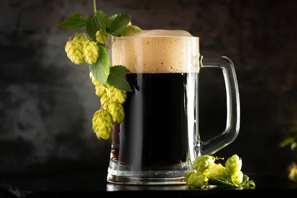 Dark Beer Mug Green Hop Wooden Table Brown Background — Stock Photo, Image