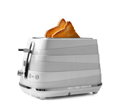 Toaster with slices of bread. Fried bread in a toaster. Appliances for the kitchen. Modern toaster on a white background.