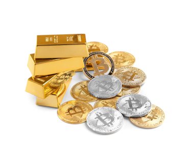 Heap of bitcoin coins and gold bars isolated on white background. Cryptocurrency close-up on isolation. Ingots of gold. Currency growth concept