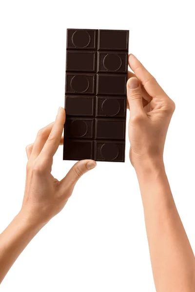Una Barra Chocolate Negro Las Manos Sobre Fondo Blanco Las —  Fotos de Stock