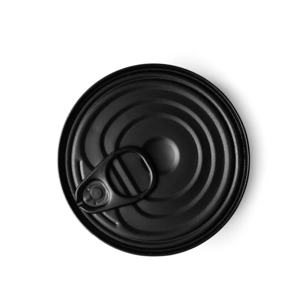 Czarna Okrągła Zamknięta Puszka Wyizolowana Białym Tle Konserwy Spożywcze Zachowuje — Zdjęcie stockowe