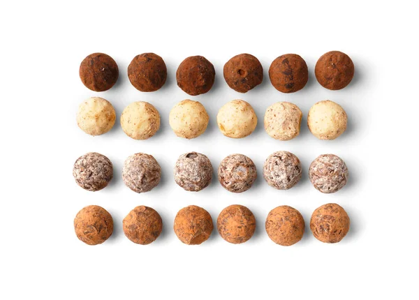 Various Types Chocolate Truffles White Background Top View Sweets Made — Stock Photo, Image
