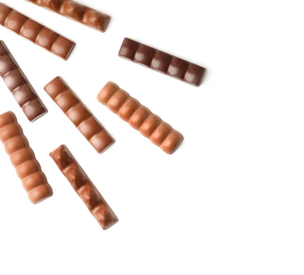 Chocoladerepen Van Verschillende Types Wit Geïsoleerd Bovenaanzicht Met Ruimte Voor — Stockfoto