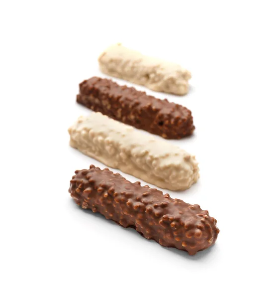 Chocolate Barras Caramelo Diferentes Colores Chocolate Blanco Leche Blanco Aislado —  Fotos de Stock