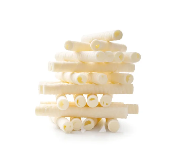 Хрусткі Вафельні Рулони Молочним Кремом Укладаються Красивий Слайд Білому Тлі — стокове фото