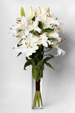 Bouquet of blooming white lilies in a glass vase on a white background. White lilies in a vase isolated