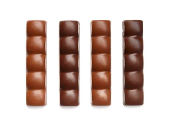 Barras Chocolate Feitas Leite Chocolate Escuro Fundo Branco Vista Superior — Fotografia de Stock