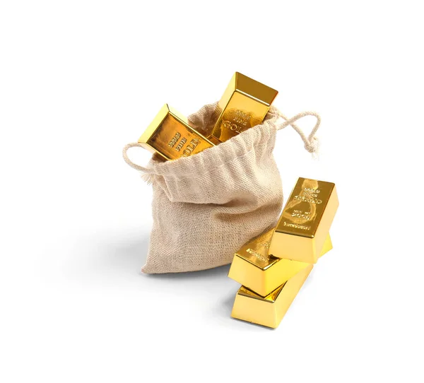 Small bag of gold on a white background. Gold bars in a bag as a symbol of savings. Gold investment option
