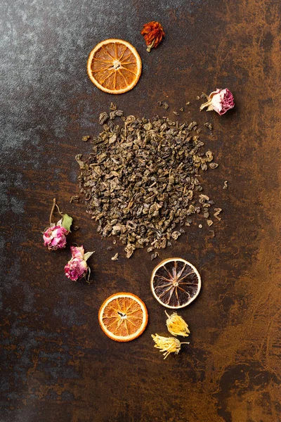 Green Dry Tea Flower Tea Dry Orange Chips Brown Background — Stock Photo, Image
