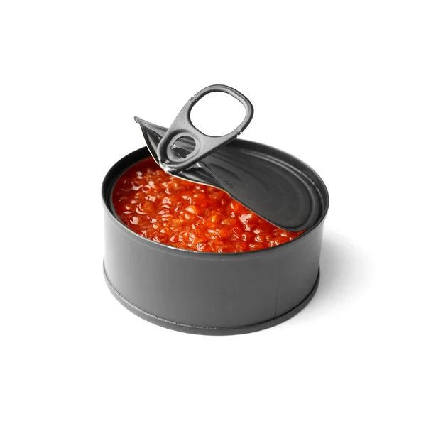 Roter Lachskaviar Einer Offenen Schwarzen Blechdose Auf Weißem Hintergrund Nützliche — Stockfoto