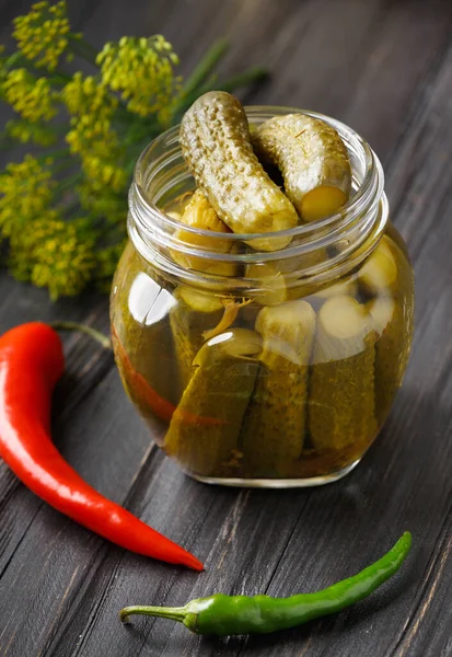 Pickled Cucumbers Jar Fresh Gherkins Red Green Chili Dill Garlicn — Stock Photo, Image