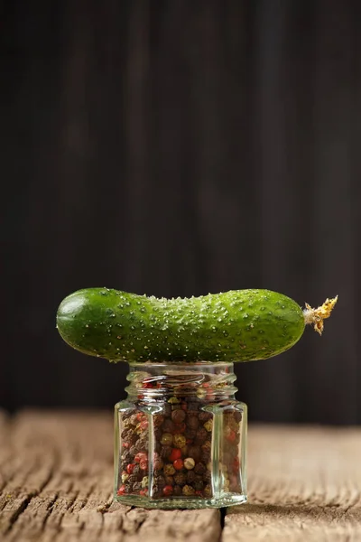 Hot Pepper Fresh Cucumber Wooden Background Fresh Cucumber Lies Jar — Stock Photo, Image