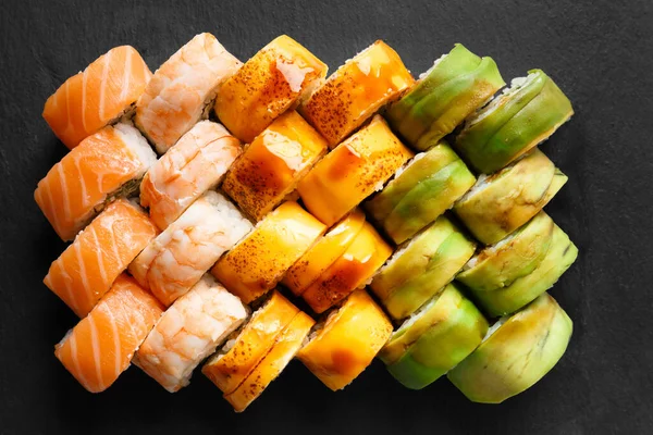 Set Multi Colored Bright Sushi Rolls Salmon Shrimp Avocado Cheese — Stock Photo, Image