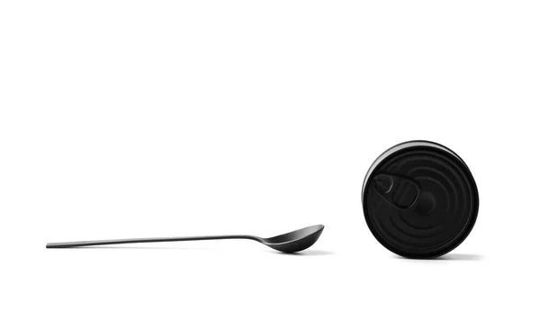 黒のマットラウンドクローズ錫缶と白の背景に黒のスプーン隔離された 缶詰食品 — ストック写真