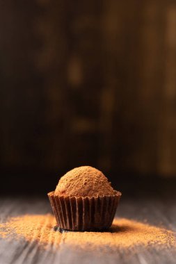 Kakao tozu güzel bir ışığın altında çikolatalı bir trüf mantarına serpilmiştir. Bir top çikolatalı trüf koyu bir arka plan üzerine kakao serpiştirilir. Gurme bir mantarın kavramsal fotoğrafı.