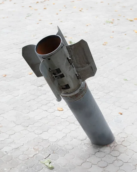 Tail Cluster Bomb Sticks Out Pavement Multiple Rocket Launchers Fired — Stock Photo, Image