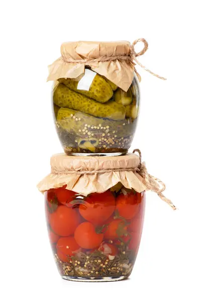 Pickled Tomatoes Cucumbers Two Jars Standing Top Each Other Isolated — Stock Photo, Image