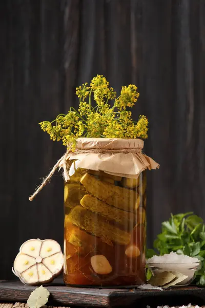 Pickled Cucumbers Closed Glass Jar Wooden Surface Pickled Gherkins Spices — Stock Photo, Image