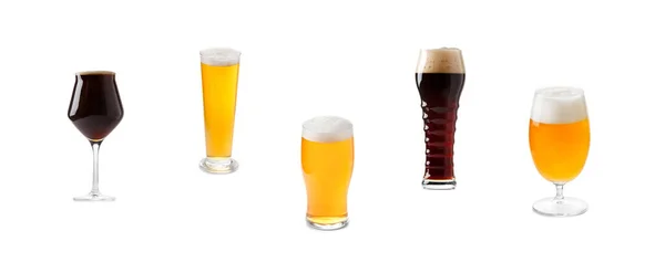 Gläser Verschiedenen Formen Mit Dunklem Und Hellem Bier Mit Schaumstoff — Stockfoto
