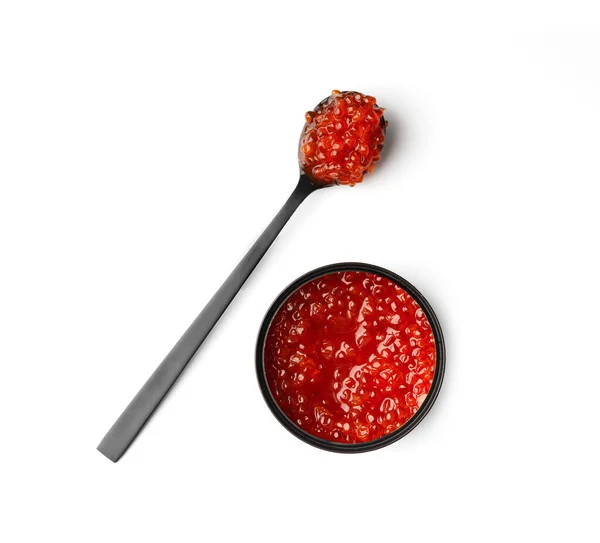 Roter Lachskaviar Einer Schwarzen Blechdose Und Einem Schwarzen Zierlöffel Auf — Stockfoto