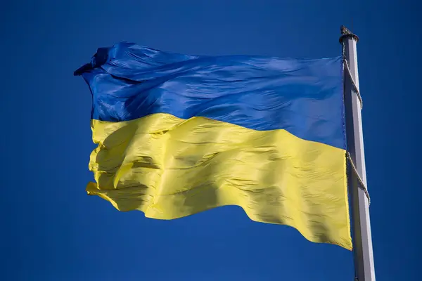 Flag Ukraine Blue Sky Close National Pride Symbol Country Ukraine — Stockfoto