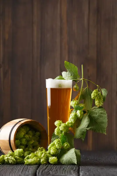 A glass mug of beer, a branch of hops and a wooden barrel with hops on a dark wooden background. Brewing traditions. Oktoberfest. Beer Festival. St.Patrick \'s Day