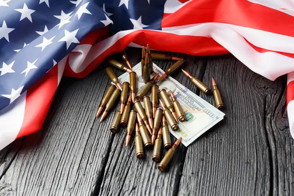 American Flag Dollars Bullets Shells Cartridges Ammunition Black Wooden Background — Stock Photo, Image