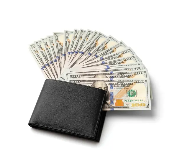 Stylish Men Black Wallet 100 Dollars Banknotes White Background Top — Stock Photo, Image