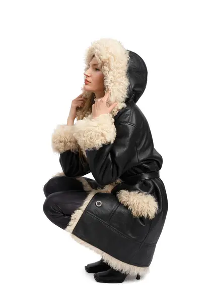 Soft Focus Portrait Attractive Lady Sheepskin Coat Fur Hood Head Stock Photo