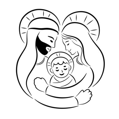 Meryem ve Yusuf bebek İsa 'ya sarılıyorlar.