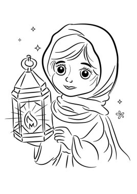 Küçük Müslüman Kız, bir lamba tut. Çizgi Çizme Vektörü.