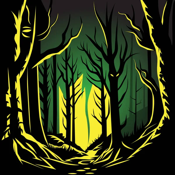 Foresta Verde Scuro Giallo Fantasia Illustrazione Vettoriale — Vettoriale Stock