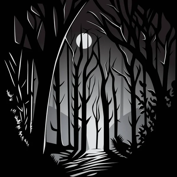 Foresta Oscura Bianca Nera Fantasy Illustrazione Vettoriale — Vettoriale Stock