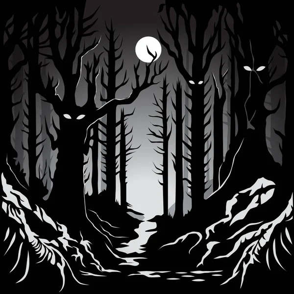 Fantasy Black White Dark Forest Vector Illustration — Stock Vector