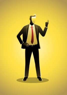 İşadamı parmağını kaldırarak ayakta duruyor.