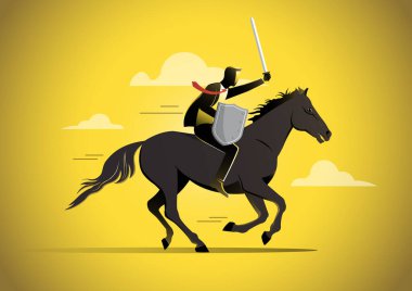 Siyah ata binen bir iş adamı. Kılıç ve kalkan taşıyan bir iş adamı.