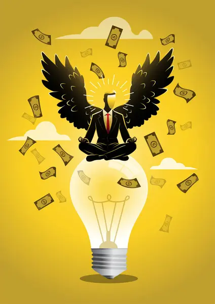 Багатий Бізнесмен Ангельськими Крилами Лампочці Ідея Грошовою Банкнотою — стоковий вектор