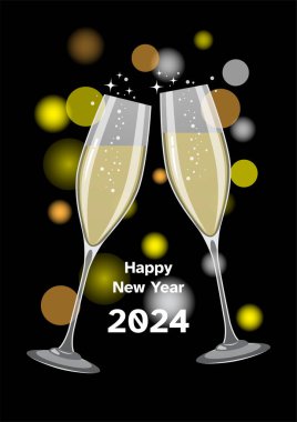 Şampanya Kadehleri Siyah Arkaplan Vektör İllüstrasyonu