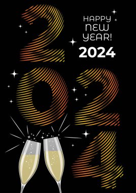2024 Mutlu Yeni Yıl logosu. Şampanya kadehleri tokuşturuluyor.