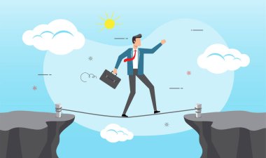 İş adamı boşlukta ipte yürüyor.