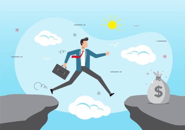 İş adamı kayalıklardaki boşluktan atlar.