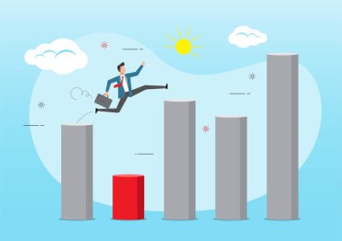 İş adamı grafik sütununun üzerinden atlıyor. Vektör kavramı