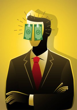 Takım elbiseli bir işadamı açgözlülükle kör olur.