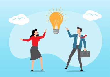 İş adamı ve iş kadını parlak ampul fikriyle düşünüyorlar..