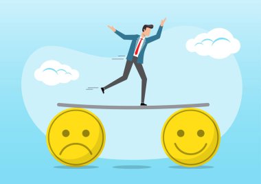 İşadamı, hüzünlü semboller ve mutlu semboller arasındaki köprüden geçiyor.